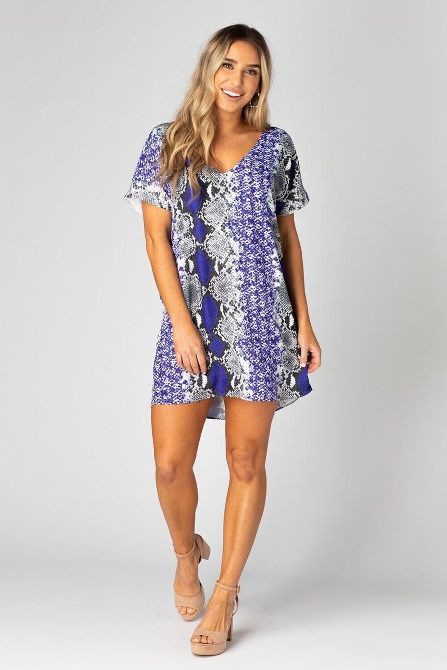 Buddy Love Dress Women Size S Purple Black Boa Snakeskin Baker V-Neck Shift Mini